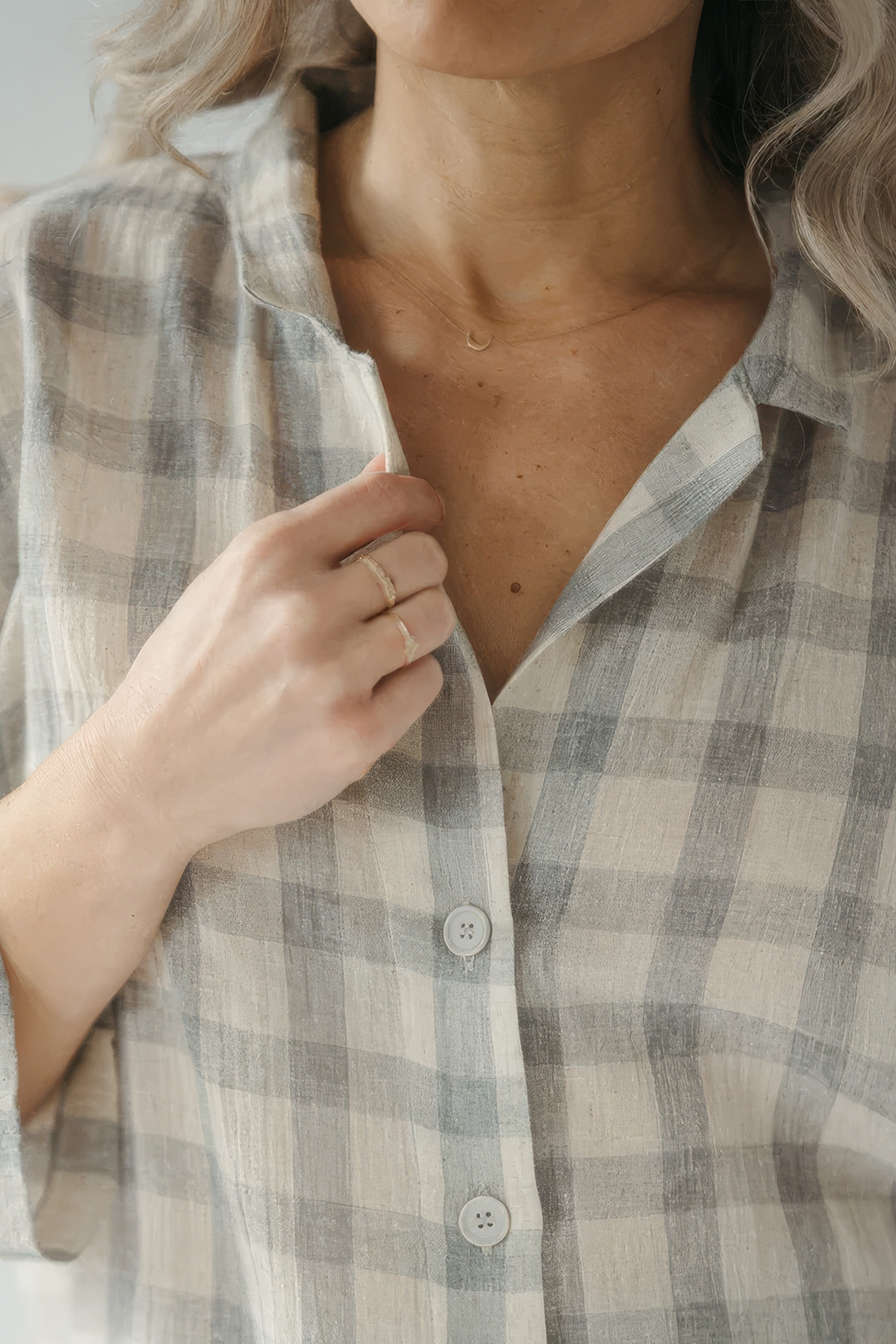 Grey Plaid Blouse with Buttons